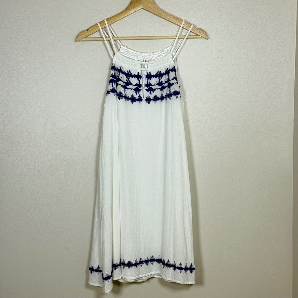 THML Womens Linen Blend Dress S White Blue Embroidered Strappy Halter Boho